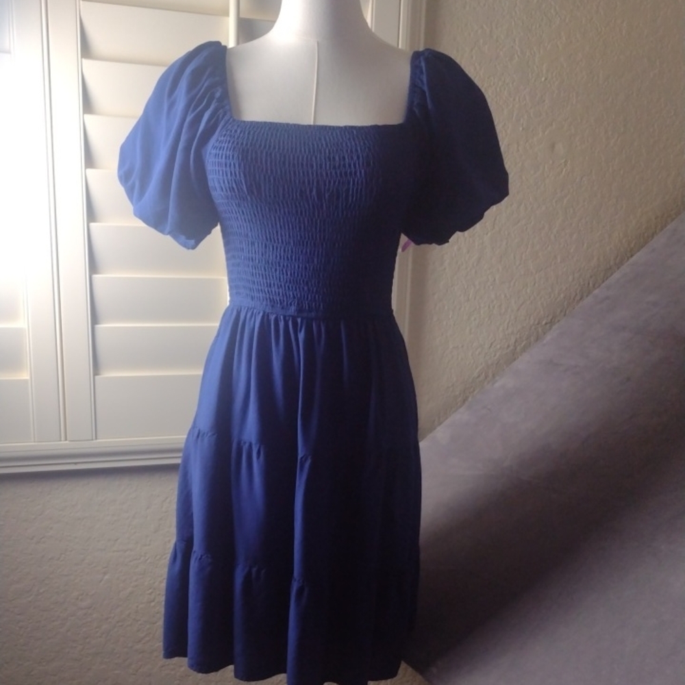 Zesica Small Blue Smocked Mini Dress Puffed Sleeves Tiered Dress Skirt Bottom